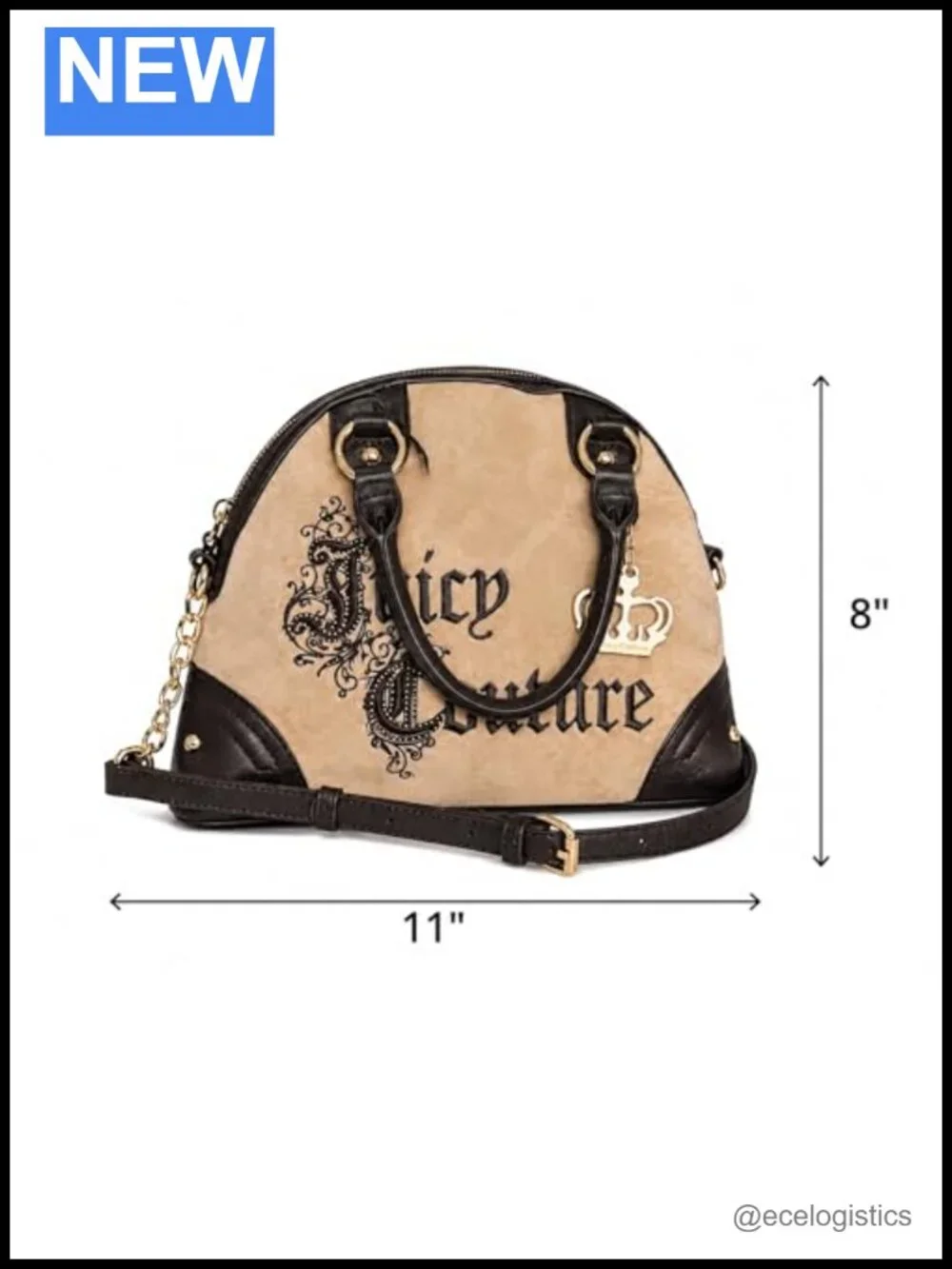 Velour Crossbody Satchel with Crown Charm - Faux Leather Trim